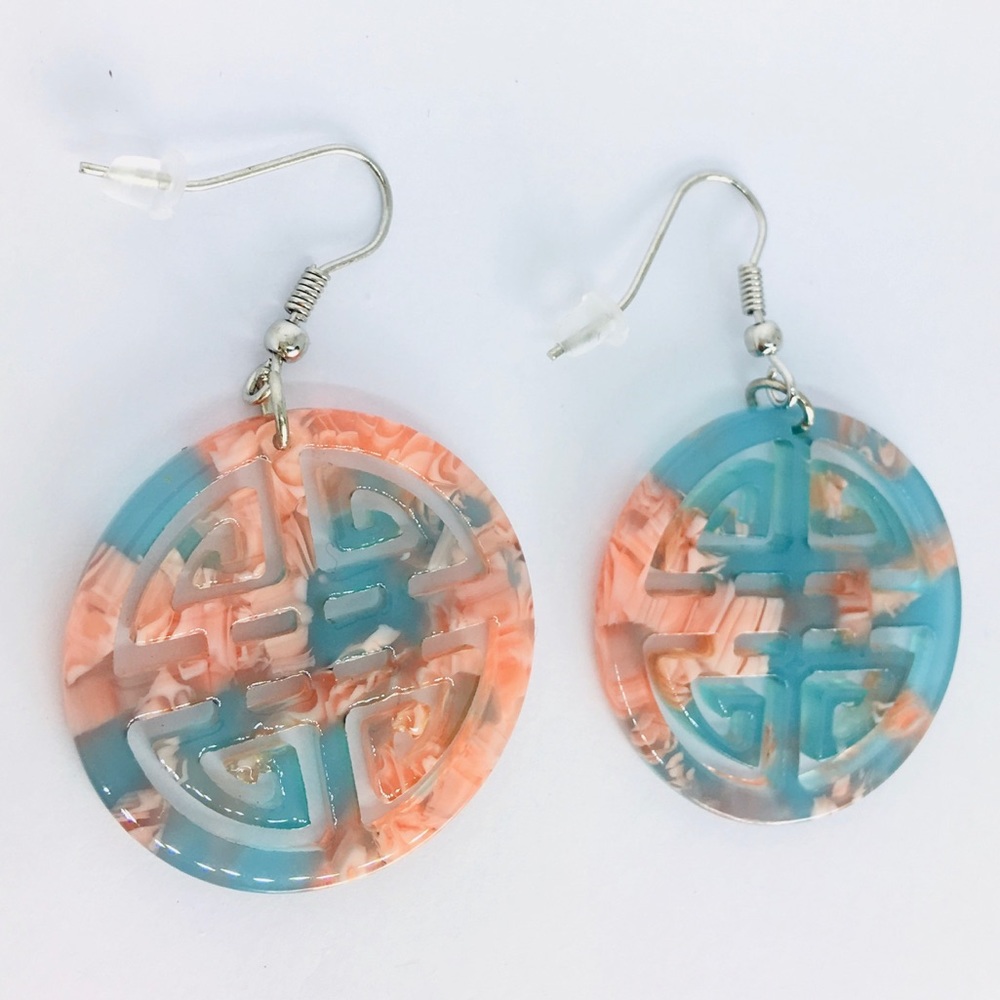 HP❤️New!Pink Marble Pattern Two Tone Round Earring - Picture 2 of 3